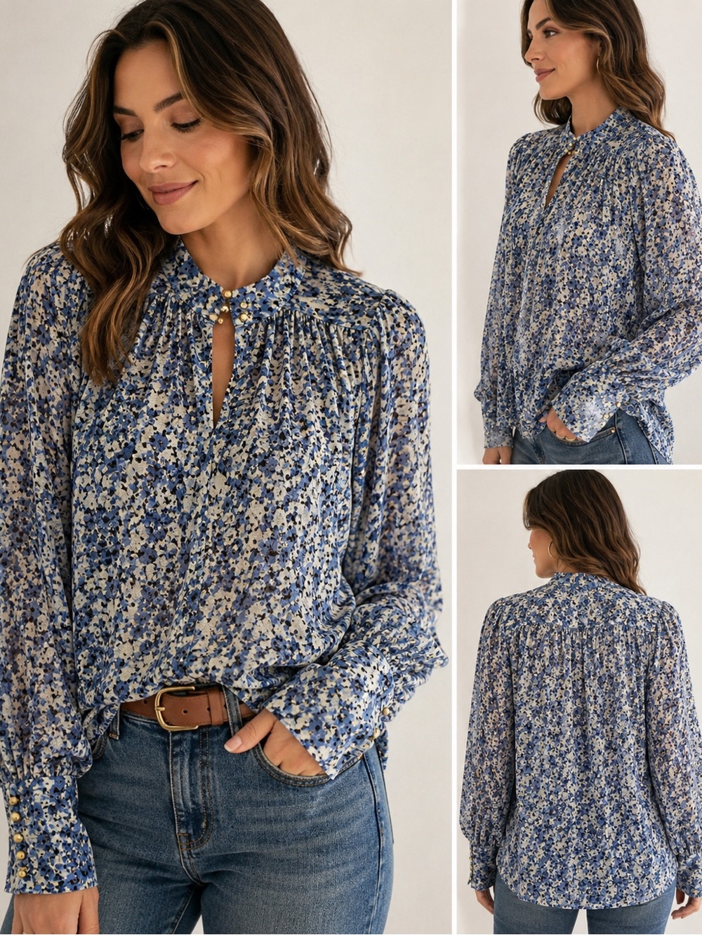 Blue Floral Keyhole Blouse Gold Buttons Long Sleeve Size Small